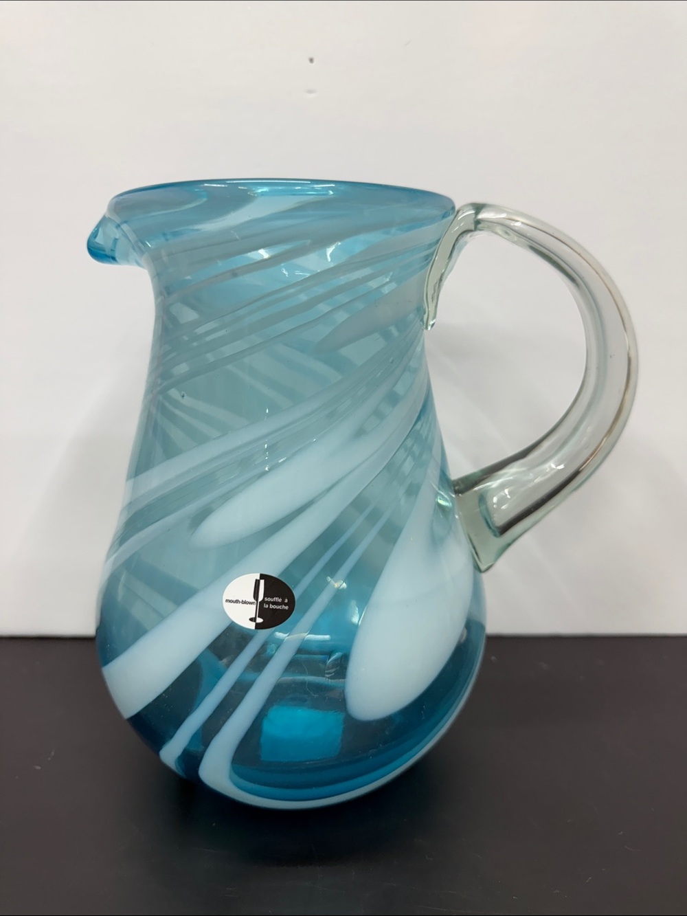 Vintage Pier 1 Mouth Blown Blue Swirl Glass Pitcher